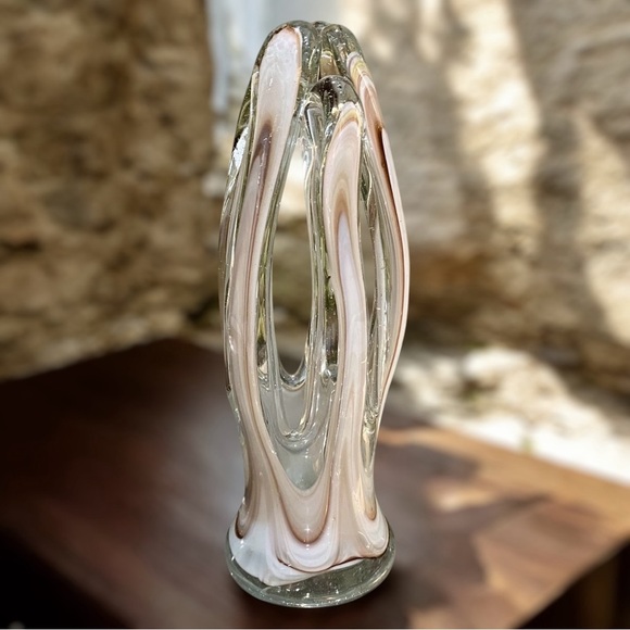 Vintage Stretch Art Glass Sculpture Hand Blown Brown White Gorgeous